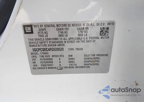 2015 Chevrolet Silverado 1500 1Lz из США, поврежденный, VIN 3GCPCSEC4FG520520